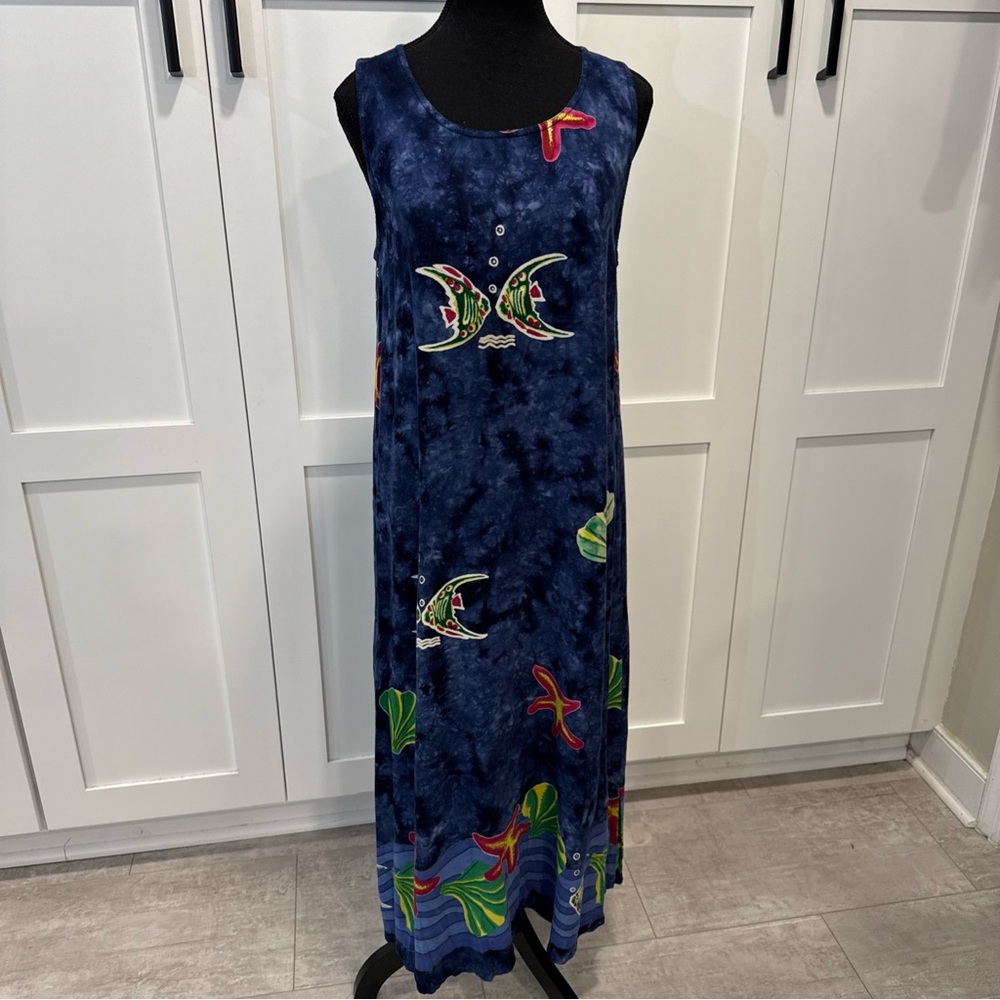 Vintage 90s Navy Blue tie dye Sleeveless Maxi Dress with Tropical Print Sz M